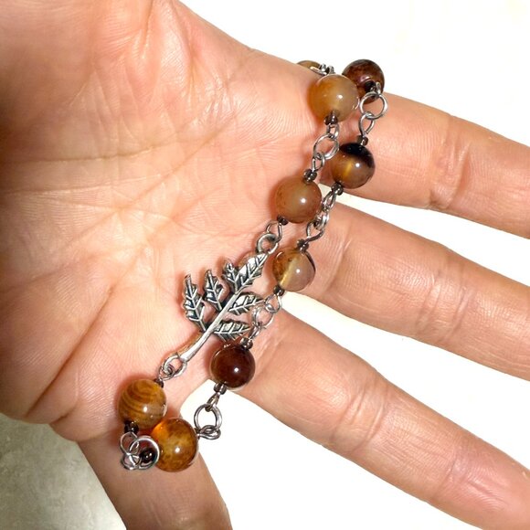 Genuine Earthy Carnelian Agate Short Necklace, Gemstone & Leaf Branch Pendant - Picture 15 of 15